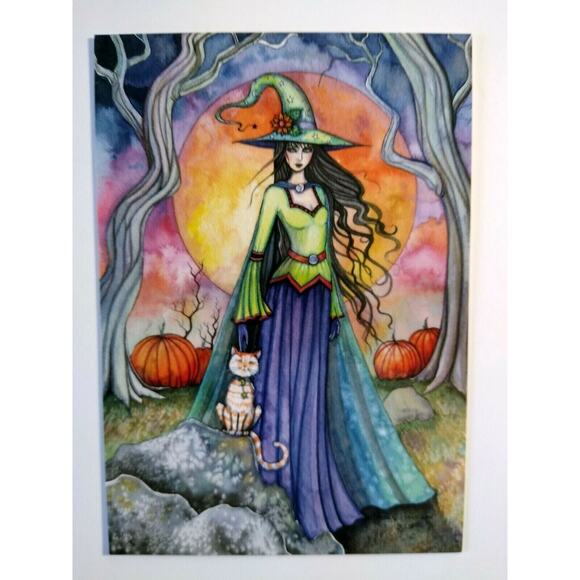 Halloween Postcard Molly Harrison Smug Witch Gothic Fantasy Cat 2008 Ltd. To 33 - Picture 2 of 5